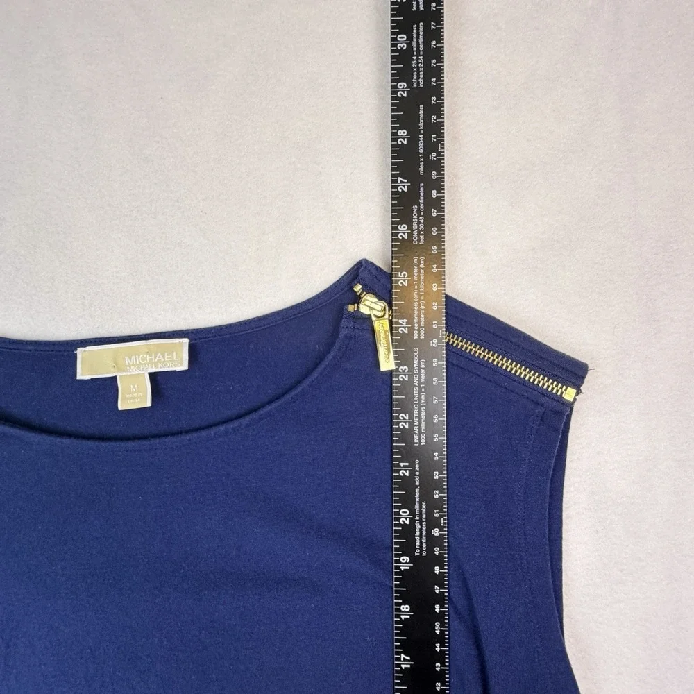 Michael Kors Shirt Womens Medium Navy Gold Shoulder Zipper Rouched Sleeveless